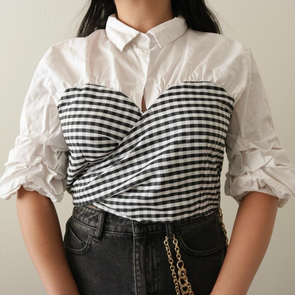 Gingham wrap scrunch sleeve collared blouse